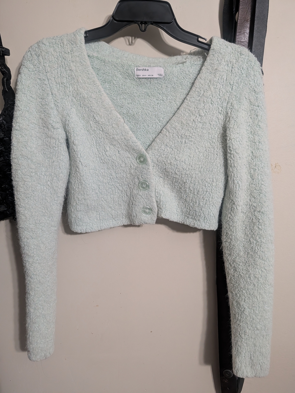 Bershka Light Mint Fuzzy Cropped V-Neck Cardigan
